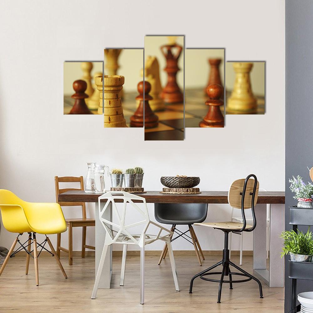 Brown Chess Pieces Canvas Wall Art-5 Star-Gallery Wrap-62" x 32"-Tiaracle