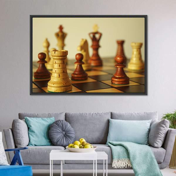 Brown Chess Pieces Canvas Wall Art-1 Piece-Floating Frame-24" x 16"-Tiaracle