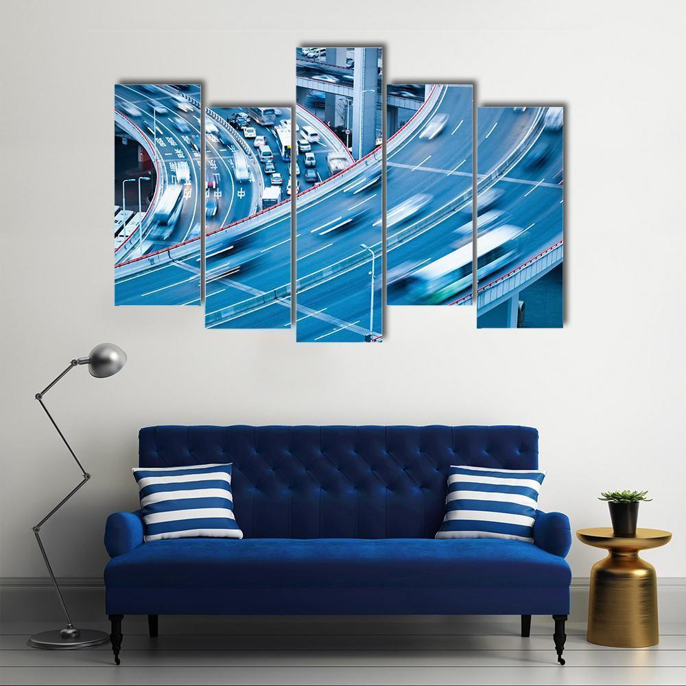 Busy Traffic In Blur Motion Canvas Wall Art-5 Pop-Gallery Wrap-47" x 32"-Tiaracle