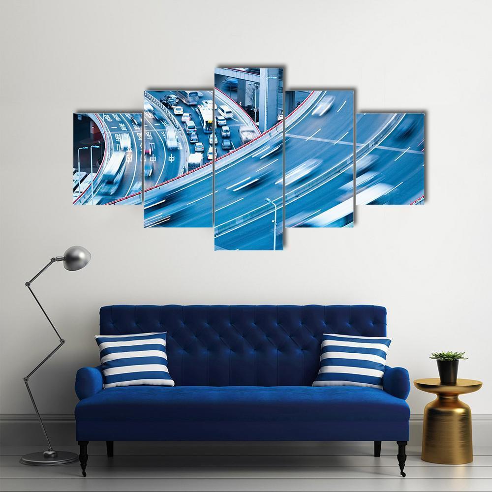 Busy Traffic In Blur Motion Canvas Wall Art-5 Star-Gallery Wrap-62" x 32"-Tiaracle