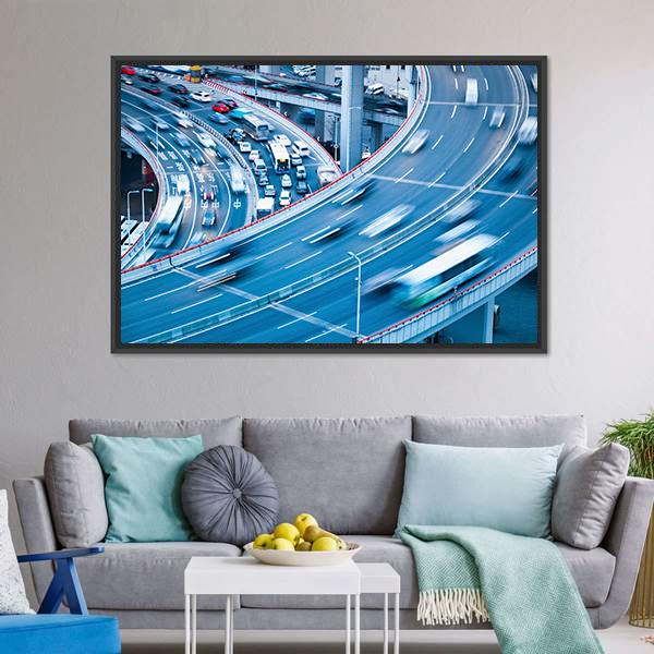 Busy Traffic In Blur Motion Canvas Wall Art-1 Piece-Floating Frame-24" x 16"-Tiaracle