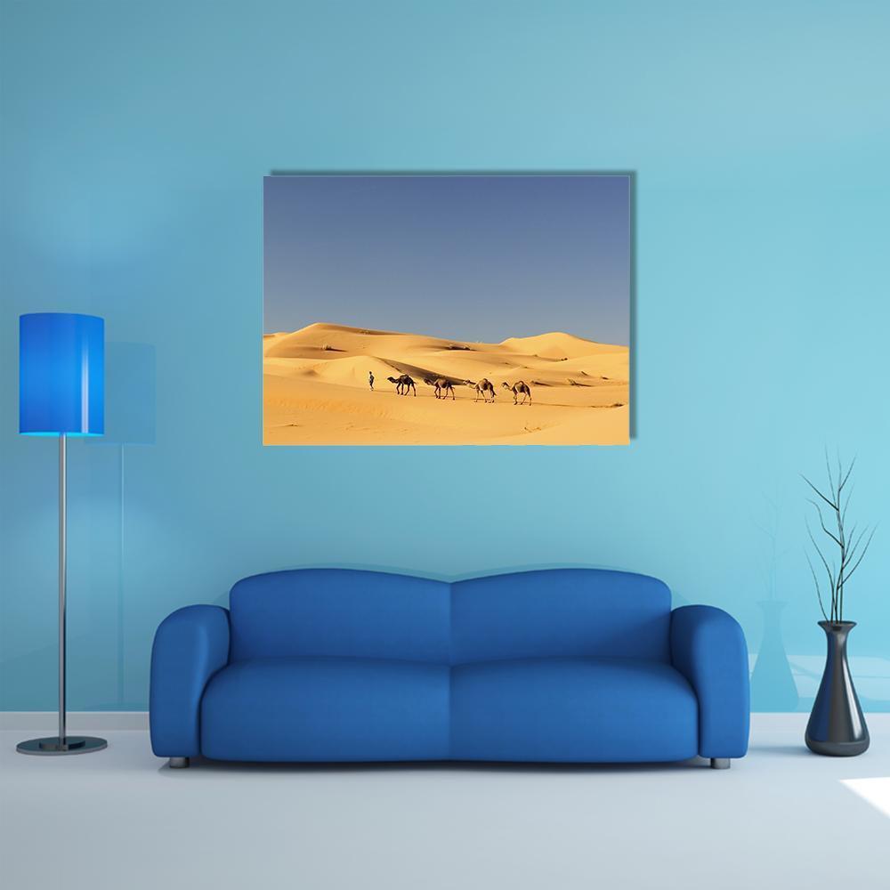 Camels In Desert Canvas Wall Art-1 Piece-Gallery Wrap-48" x 32"-Tiaracle