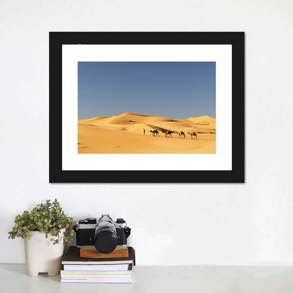 Camels In Desert Canvas Wall Art-1 Piece-Framed Print-20" x 16"-Tiaracle