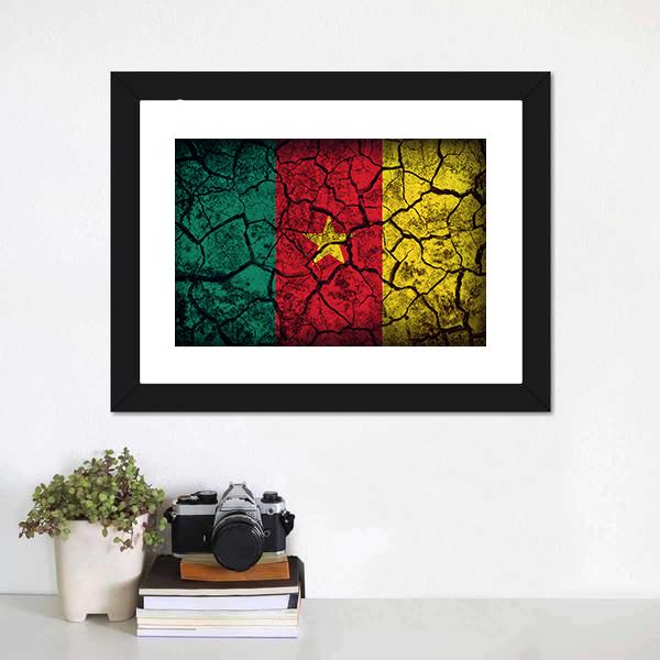 Cameroon Flag On Crack Soil Canvas Wall Art-1 Piece-Framed Print-20" x 16"-Tiaracle