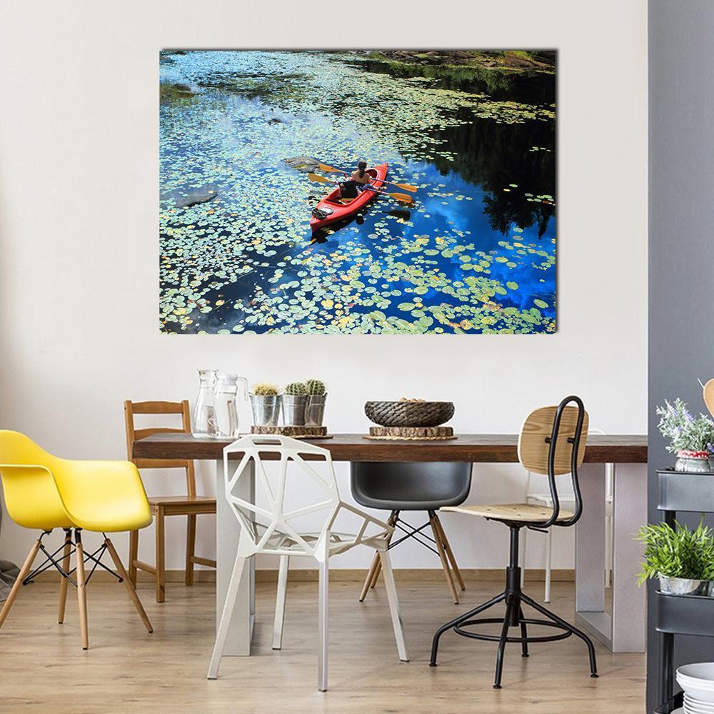 Canoeing In Water Lilies Canvas Wall Art-1 Piece-Gallery Wrap-48" x 32"-Tiaracle