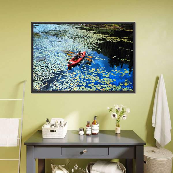 Canoeing In Water Lilies Canvas Wall Art-3 Horizontal-Gallery Wrap-25" x 16"-Tiaracle