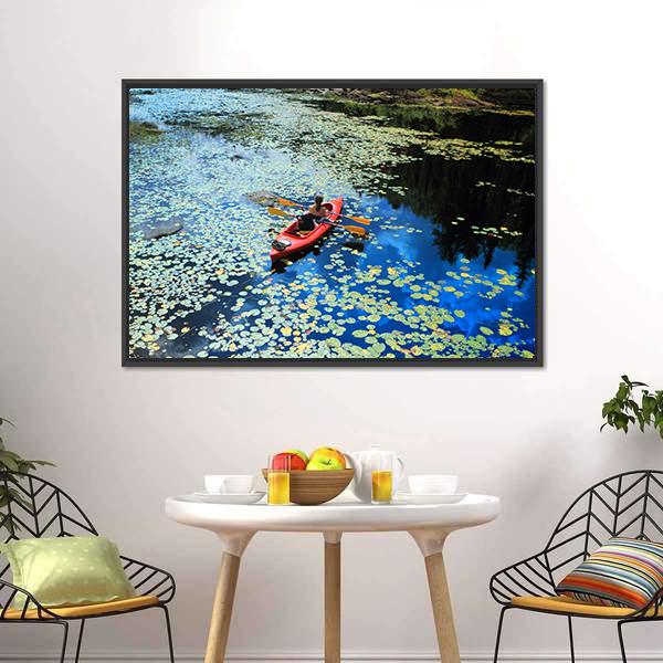 Canoeing In Water Lilies Canvas Wall Art-3 Horizontal-Gallery Wrap-25" x 16"-Tiaracle