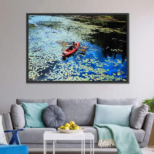 Canoeing In Water Lilies Canvas Wall Art-1 Piece-Floating Frame-24" x 16"-Tiaracle