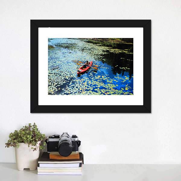 Canoeing In Water Lilies Canvas Wall Art-1 Piece-Framed Print-20" x 16"-Tiaracle