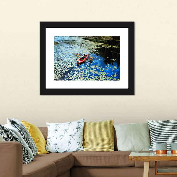 Canoeing In Water Lilies Canvas Wall Art-3 Horizontal-Gallery Wrap-25" x 16"-Tiaracle