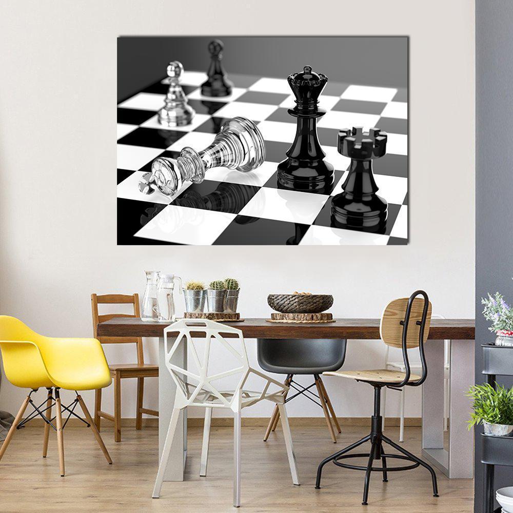 Checkmate With Black & White Board Canvas Wall Art-1 Piece-Gallery Wrap-48" x 32"-Tiaracle