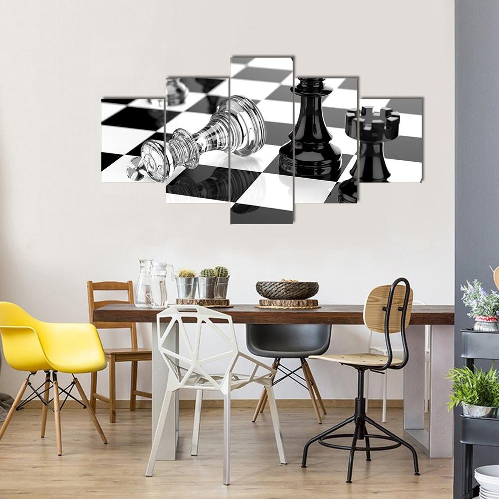 Checkmate With Black & White Board Canvas Wall Art-5 Star-Gallery Wrap-62" x 32"-Tiaracle