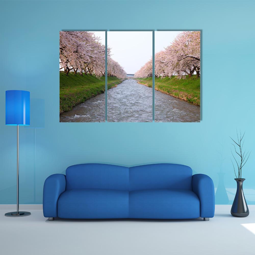 Cherry Tree & River Canvas Wall Art-3 Horizontal-Gallery Wrap-37" x 24"-Tiaracle