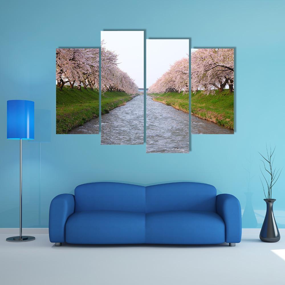 Cherry Tree & River Canvas Wall Art-4 Pop-Gallery Wrap-50" x 32"-Tiaracle