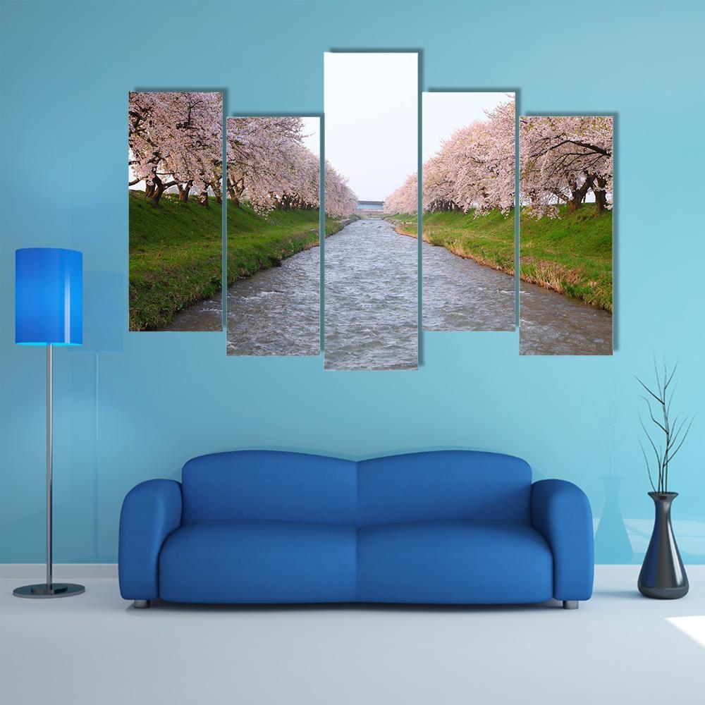Cherry Tree & River Canvas Wall Art-5 Pop-Gallery Wrap-47" x 32"-Tiaracle