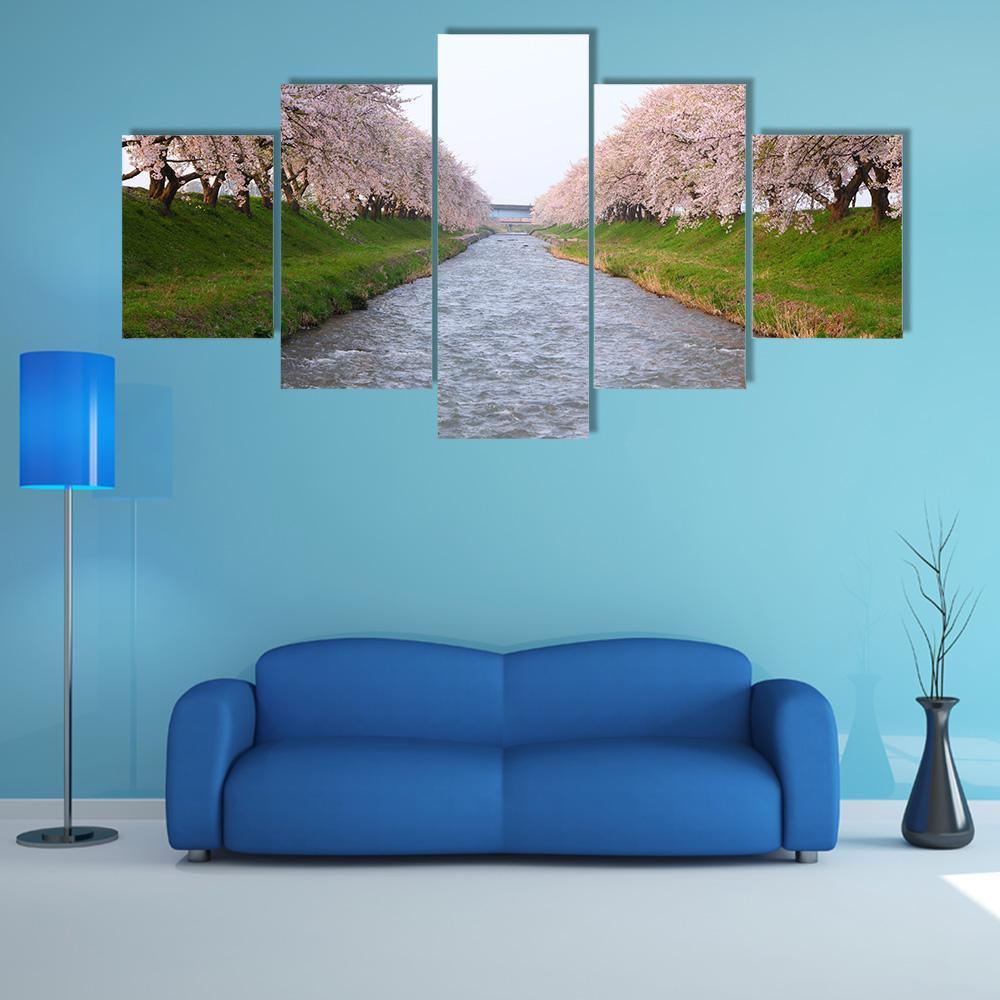 Cherry Tree & River Canvas Wall Art-5 Star-Gallery Wrap-62" x 32"-Tiaracle