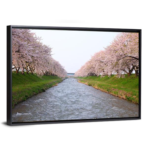 Cherry Tree & River Canvas Wall Art-3 Horizontal-Gallery Wrap-25" x 16"-Tiaracle