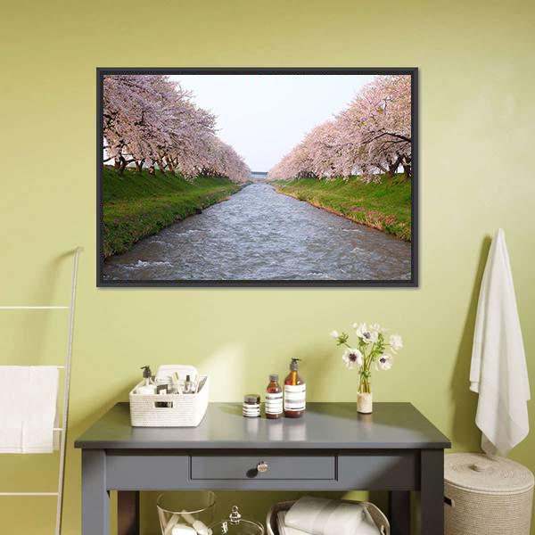 Cherry Tree & River Canvas Wall Art-3 Horizontal-Gallery Wrap-25" x 16"-Tiaracle