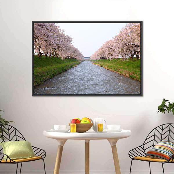 Cherry Tree & River Canvas Wall Art-3 Horizontal-Gallery Wrap-25" x 16"-Tiaracle