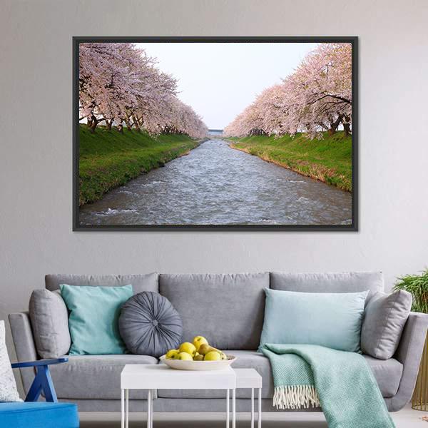 Cherry Tree & River Canvas Wall Art-1 Piece-Floating Frame-24" x 16"-Tiaracle