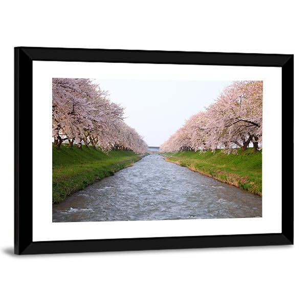 Cherry Tree & River Canvas Wall Art-3 Horizontal-Gallery Wrap-25" x 16"-Tiaracle