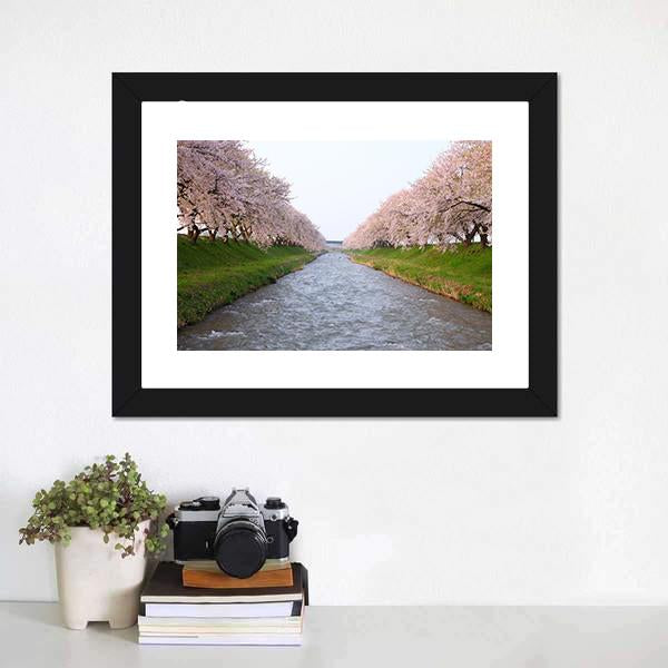Cherry Tree & River Canvas Wall Art-1 Piece-Framed Print-20" x 16"-Tiaracle