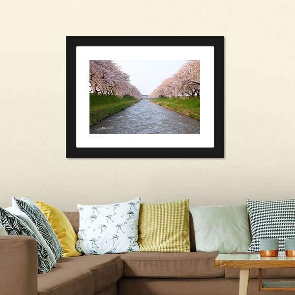 Cherry Tree & River Canvas Wall Art-3 Horizontal-Gallery Wrap-25" x 16"-Tiaracle