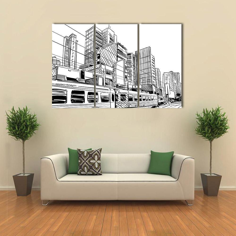 China City Sketch Canvas Wall Art-3 Horizontal-Gallery Wrap-37" x 24"-Tiaracle