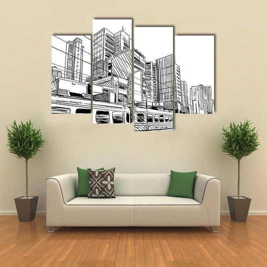 China City Sketch Canvas Wall Art-4 Pop-Gallery Wrap-50" x 32"-Tiaracle