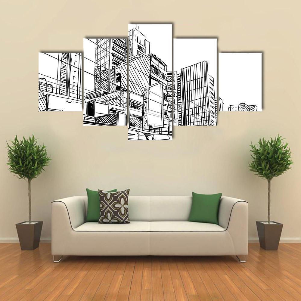 China City Sketch Canvas Wall Art-5 Star-Gallery Wrap-62" x 32"-Tiaracle