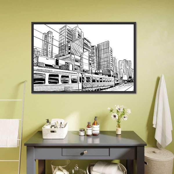 China City Sketch Canvas Wall Art-3 Horizontal-Gallery Wrap-25" x 16"-Tiaracle