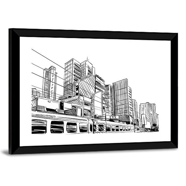 China City Sketch Canvas Wall Art-3 Horizontal-Gallery Wrap-25" x 16"-Tiaracle