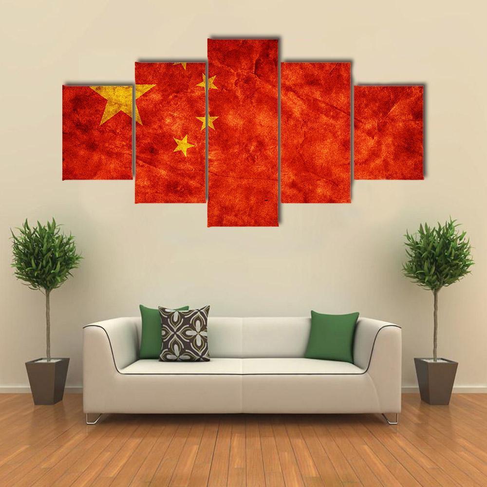China Grunge Flag Canvas Wall Art-5 Star-Gallery Wrap-62" x 32"-Tiaracle