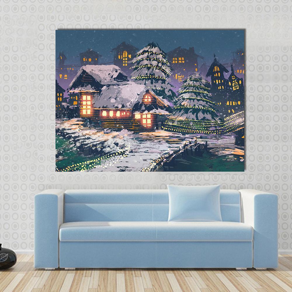 Christmas Night Scene Canvas Wall Art-1 Piece-Gallery Wrap-48" x 32"-Tiaracle