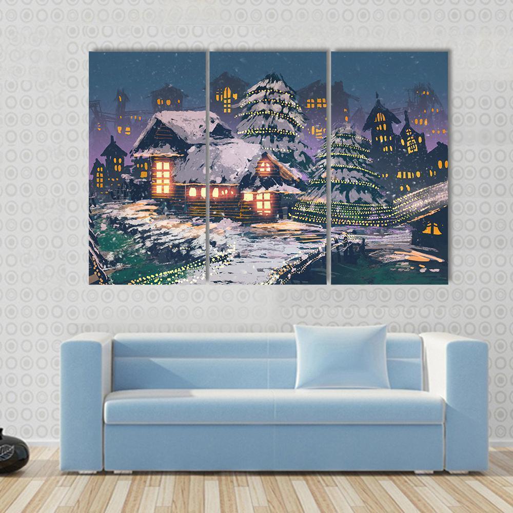 Christmas Night Scene Canvas Wall Art-3 Horizontal-Gallery Wrap-37" x 24"-Tiaracle