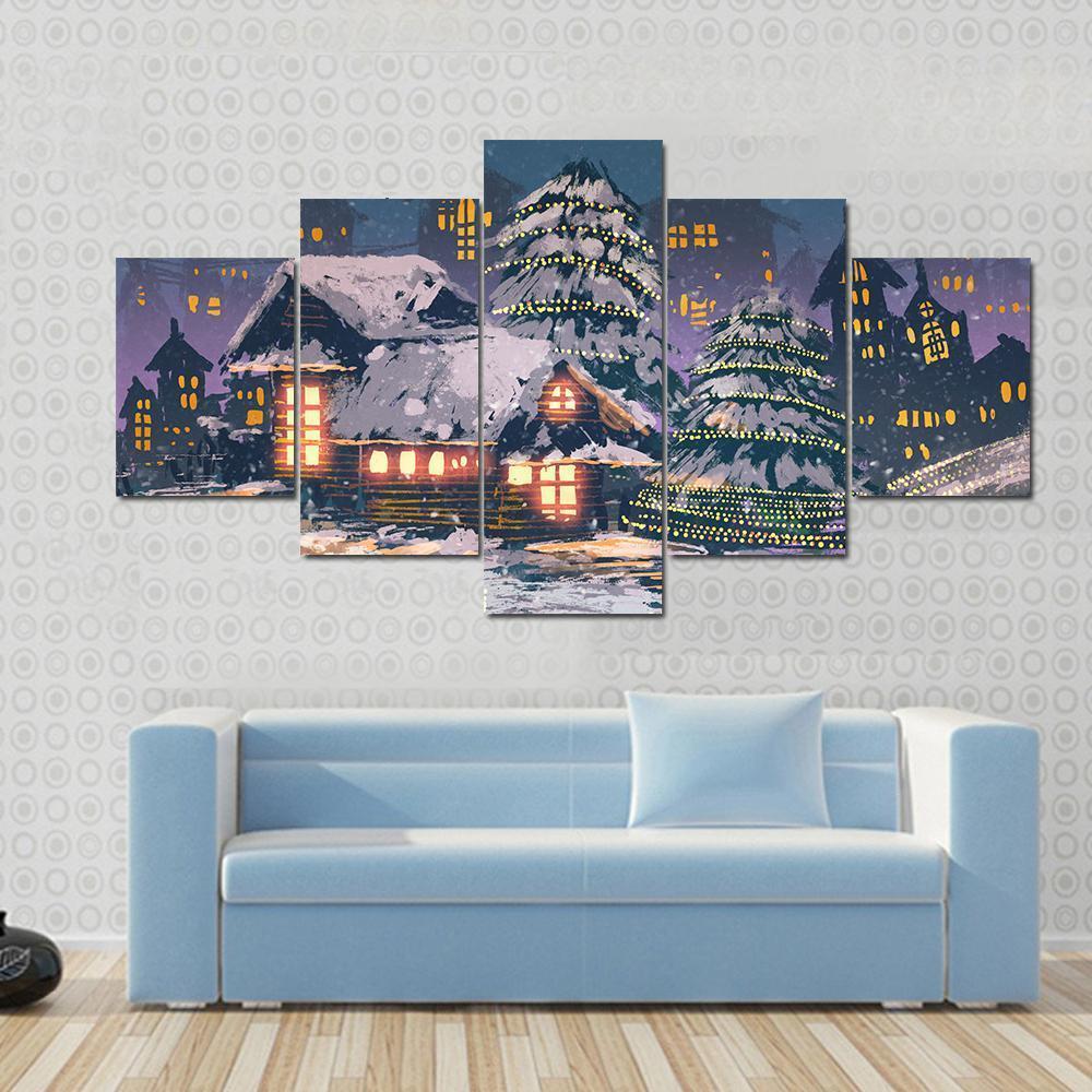 Christmas Night Scene Canvas Wall Art-5 Star-Gallery Wrap-62" x 32"-Tiaracle