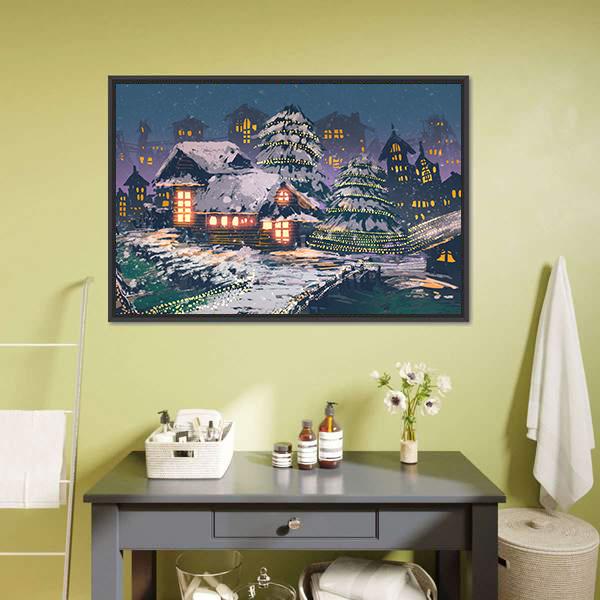 Christmas Night Scene Canvas Wall Art-3 Horizontal-Gallery Wrap-25" x 16"-Tiaracle