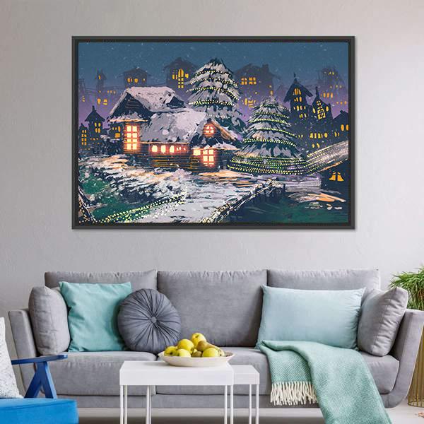 Christmas Night Scene Canvas Wall Art-3 Horizontal-Gallery Wrap-25" x 16"-Tiaracle