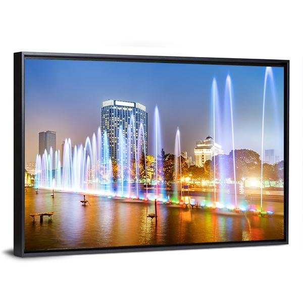 City Square Music Fountain Canvas Wall Art-3 Horizontal-Gallery Wrap-25" x 16"-Tiaracle