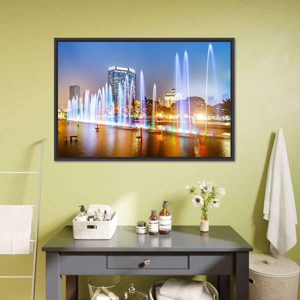 City Square Music Fountain Canvas Wall Art-3 Horizontal-Gallery Wrap-25" x 16"-Tiaracle