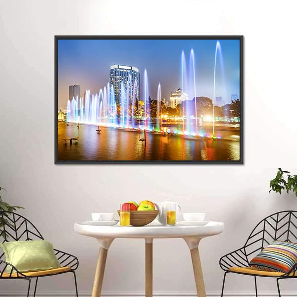 City Square Music Fountain Canvas Wall Art-1 Piece-Floating Frame-24" x 16"-Tiaracle