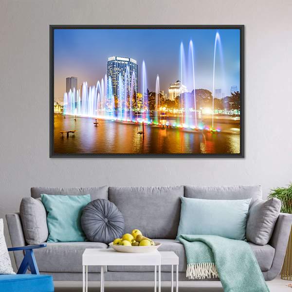 City Square Music Fountain Canvas Wall Art-3 Horizontal-Gallery Wrap-25" x 16"-Tiaracle