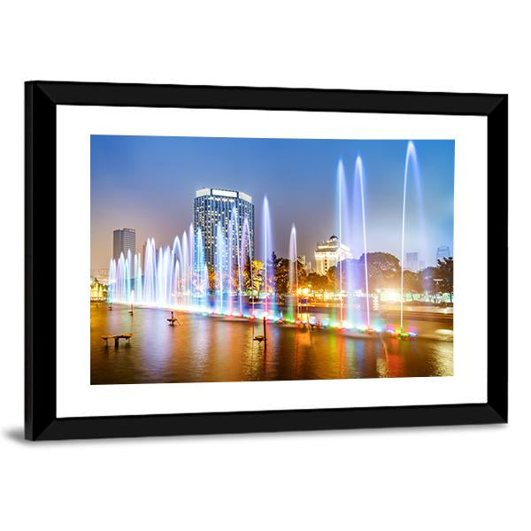 City Square Music Fountain Canvas Wall Art-3 Horizontal-Gallery Wrap-25" x 16"-Tiaracle