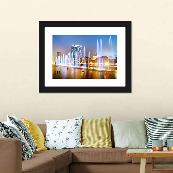 City Square Music Fountain Canvas Wall Art-1 Piece-Framed Print-20" x 16"-Tiaracle