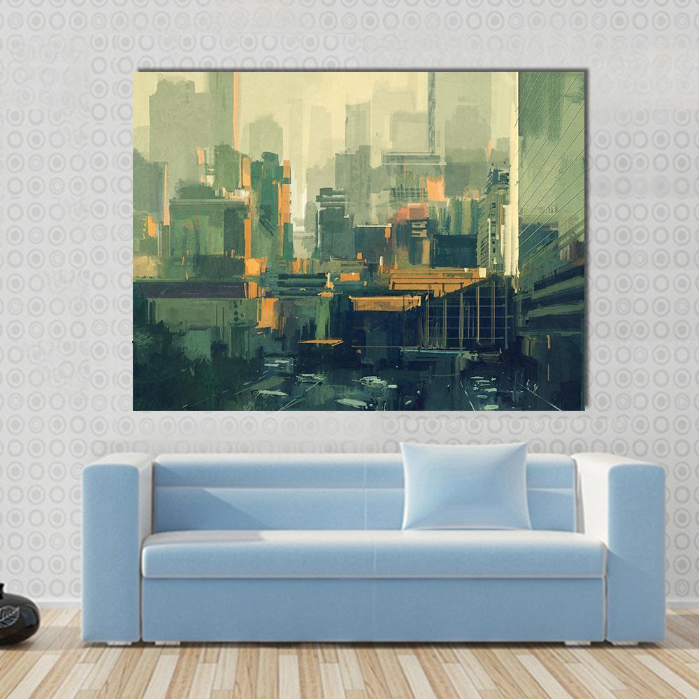 Urban Sky-Scrapers At Sunset Canvas Wall Art-1 Piece-Gallery Wrap-48" x 32"-Tiaracle