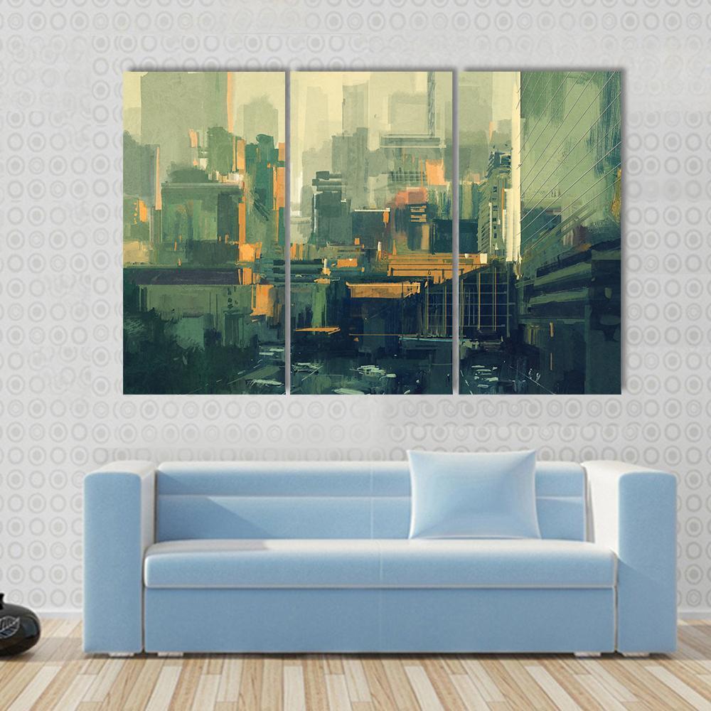 Urban Sky-Scrapers At Sunset Canvas Wall Art-3 Horizontal-Gallery Wrap-37" x 24"-Tiaracle