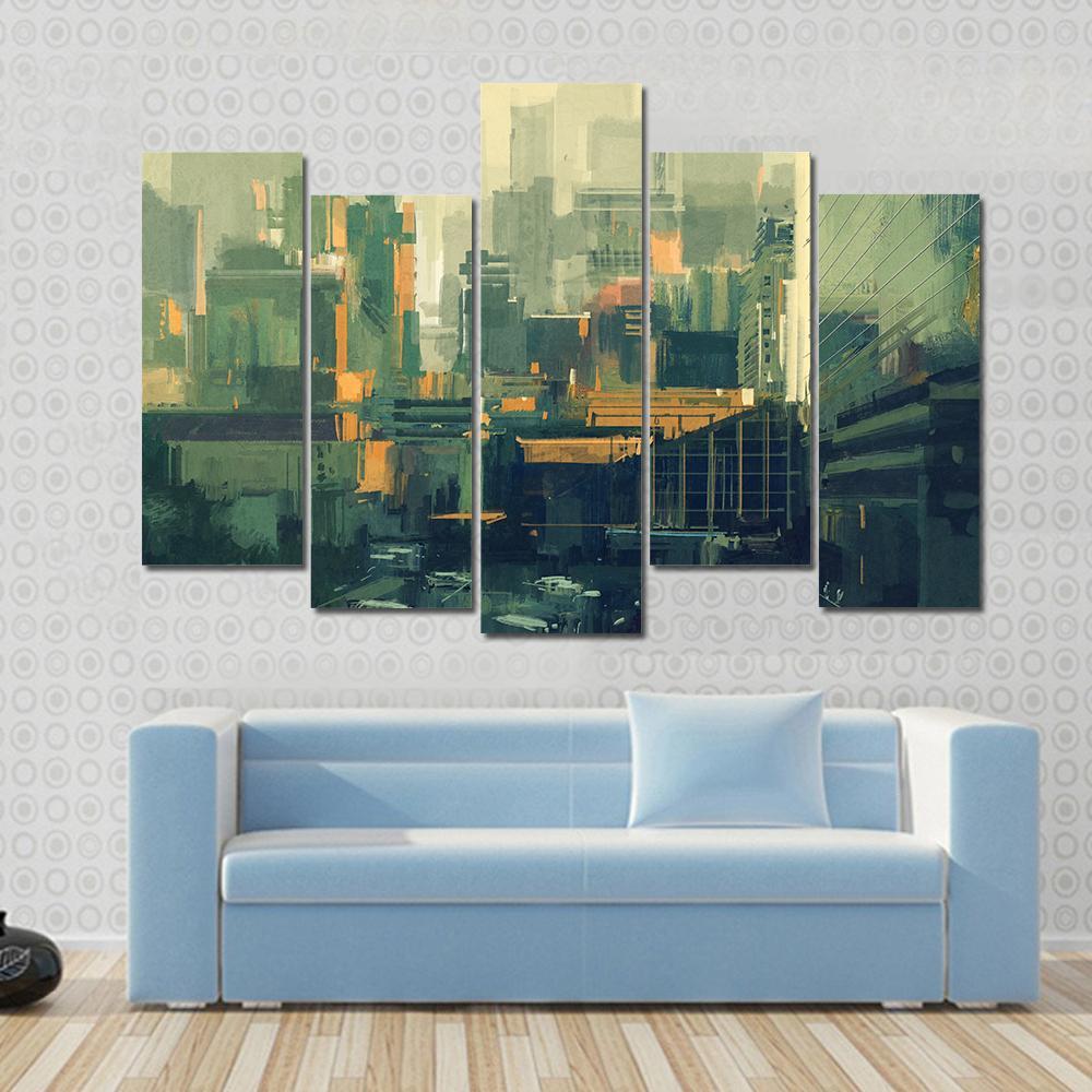 Urban Sky-Scrapers At Sunset Canvas Wall Art-5 Pop-Gallery Wrap-47" x 32"-Tiaracle