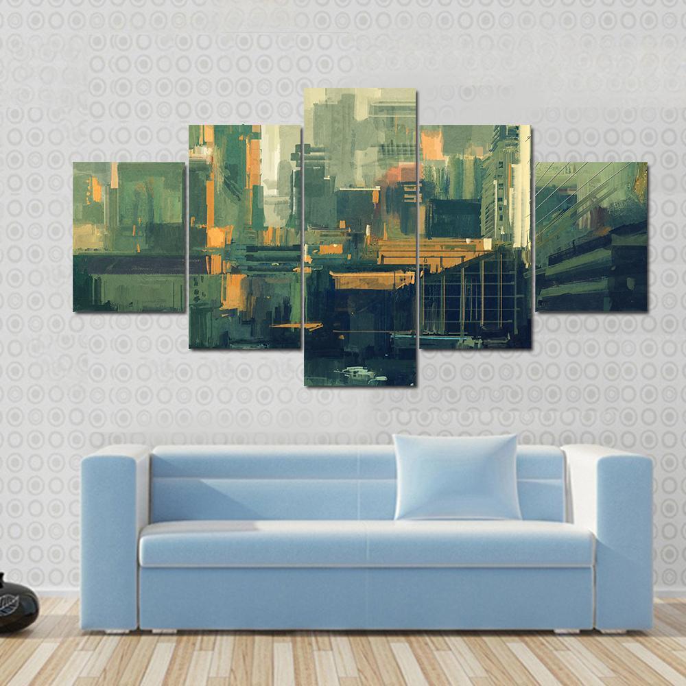 Urban Sky-Scrapers At Sunset Canvas Wall Art-5 Star-Gallery Wrap-62" x 32"-Tiaracle