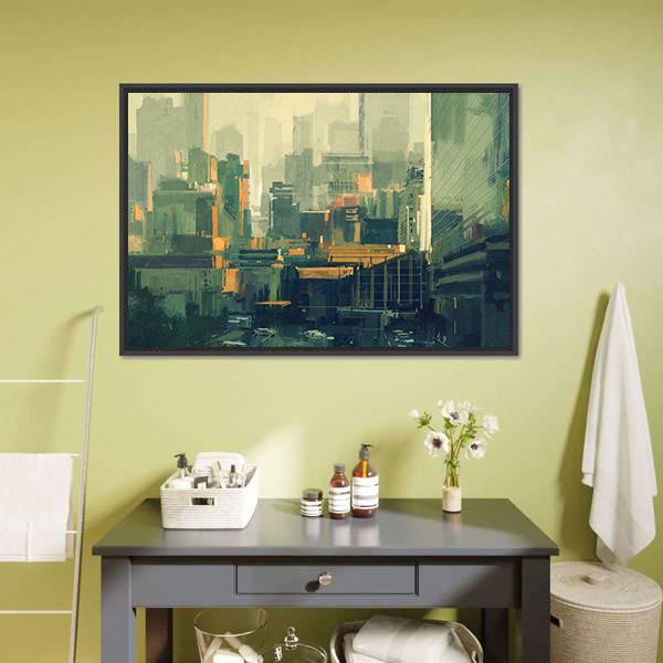 Urban Sky-Scrapers At Sunset Canvas Wall Art-3 Horizontal-Gallery Wrap-25" x 16"-Tiaracle