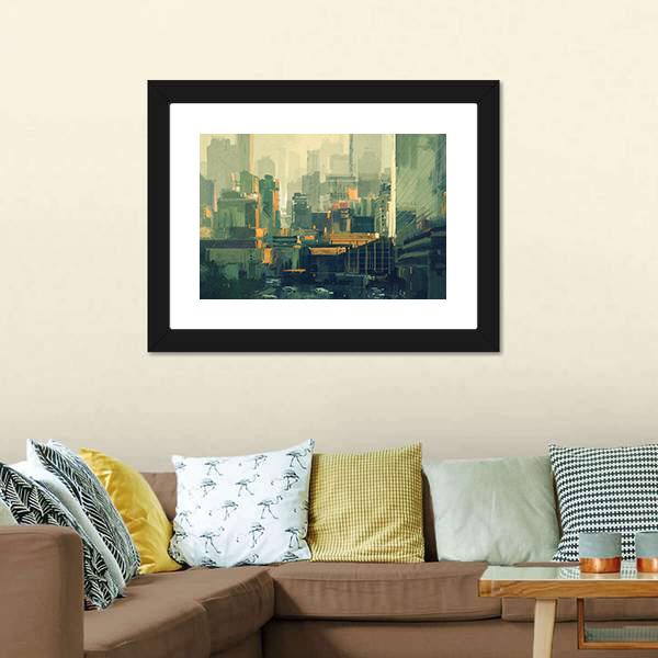 Urban Sky-Scrapers At Sunset Canvas Wall Art-1 Piece-Framed Print-20" x 16"-Tiaracle